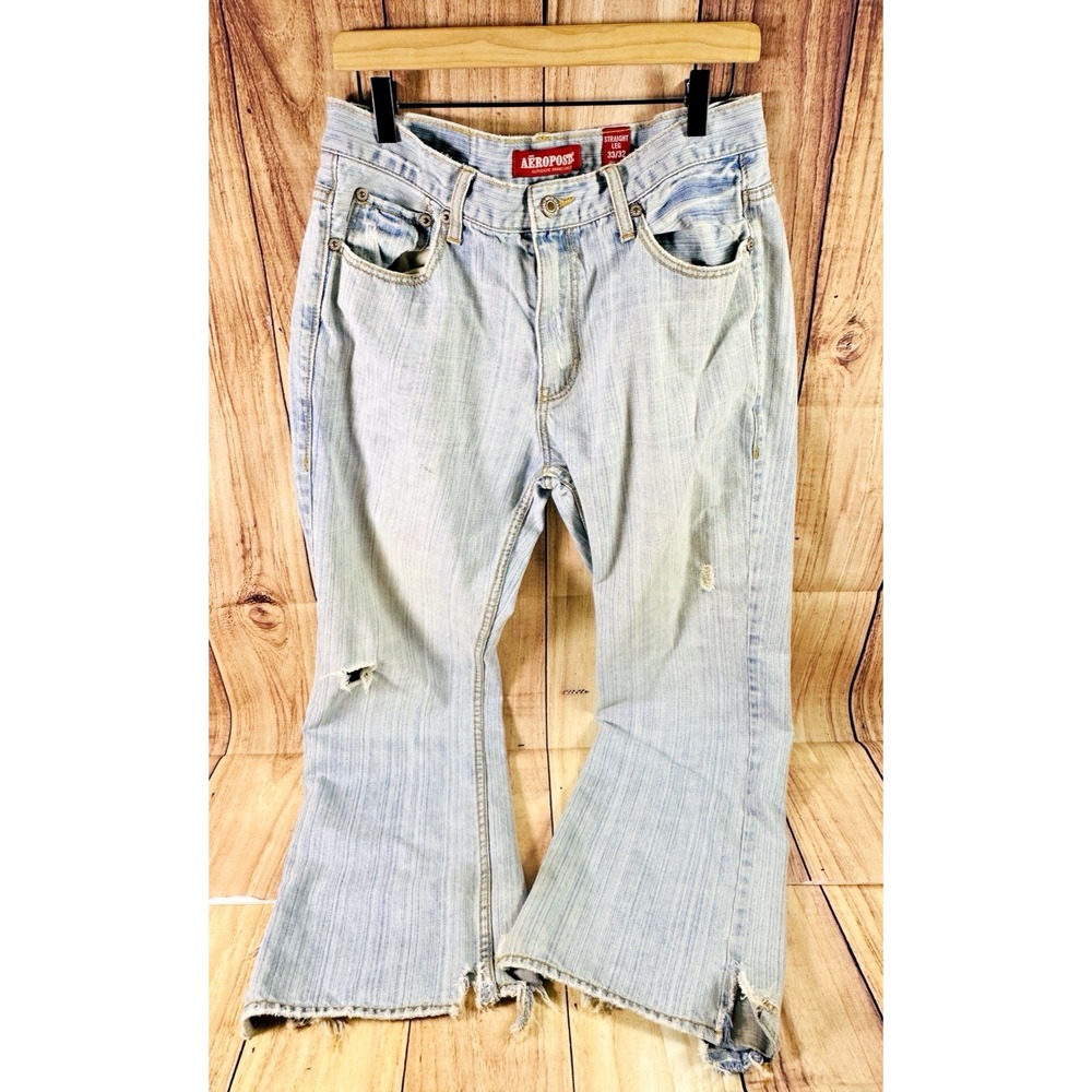Aeropostale Jeans Mens 32 x 30 Distressed Jeans Straight‎ Denim Light Wash Blue